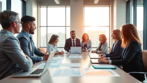 Engaged team discussing Federal and State contracts pre-post award compliance in a modern office.