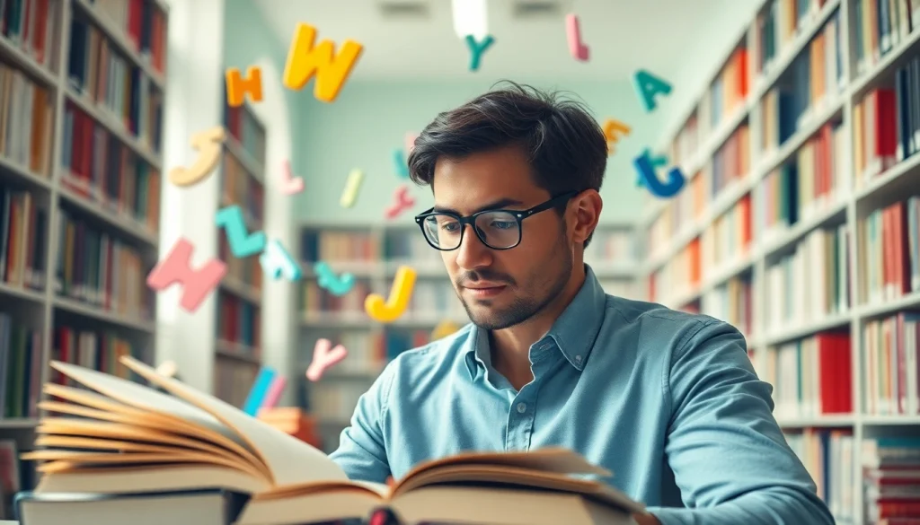 Engaging scene of Word Soup writer surrounded by floating letters in a serene library.
