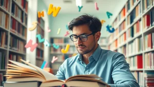 Engaging scene of Word Soup writer surrounded by floating letters in a serene library.