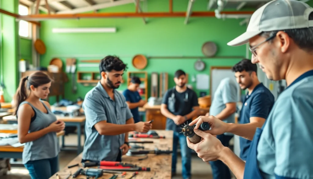 Students at trade school Hawaii actively learning and practicing skills in a vibrant workshop.