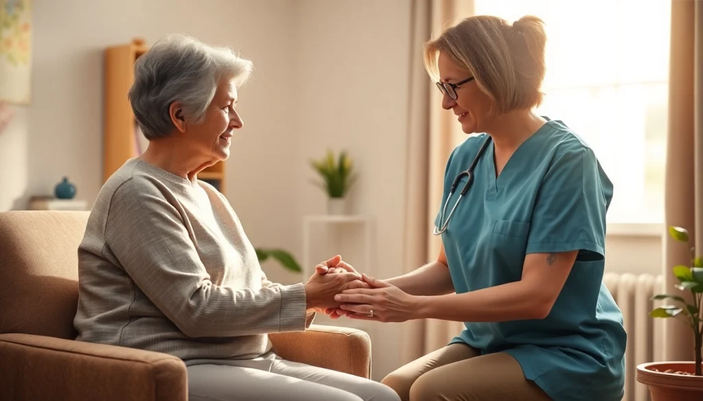 Engaging moment of in home health care services near me with caregiver assisting elderly in a cozy setting.