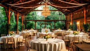Stunning Weddings Venue setup with elegant tables and lush greenery.