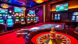 Experience thrilling bets at CM88's vibrant casino tables filled with cards and chips.