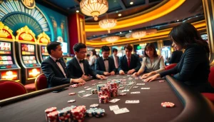 Engaging gameplay at nhà cái thabet with poker chips and cards on a luxurious casino table.