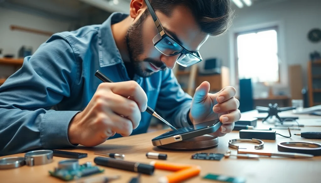 Efficient screen repair in progress by a technician with tools in a bright workshop.