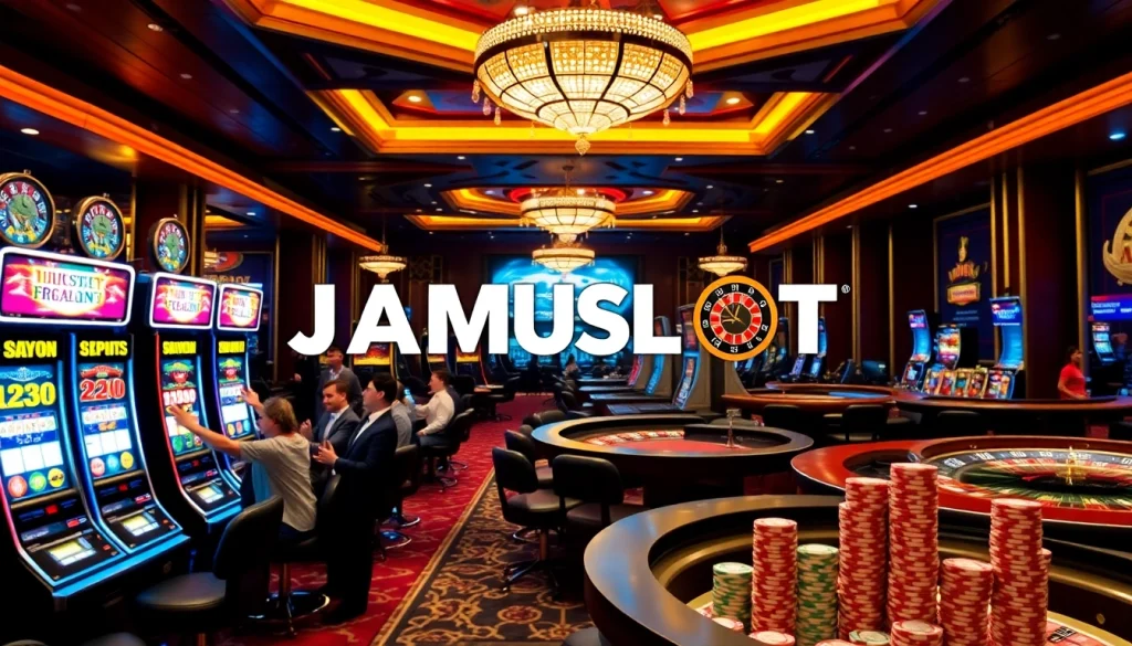 Players celebrating a big win at JAMUSlot's slot machines in a vibrant casino scene.