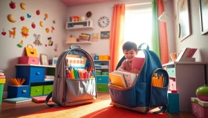 KiDS AMIランドセル 口コミ：明るい子供部屋に置かれたカラフルなランドセルと学用品でいっぱいの様子。