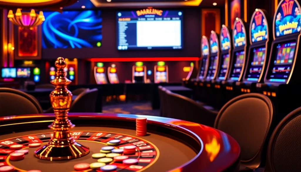 Scène engageante de casino en ligne avec des parties de poker, de la roulette et des machines à sous vibrantes.