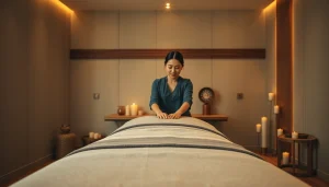 전문 러시아 마사지사와 함께하는 편안한 러시아출장마사지 환경, 따뜻한 색조와 평화로운 분위기.