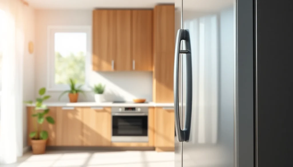 Modern refrigerator in a stylish kitchen environment showcasing sleek design features.