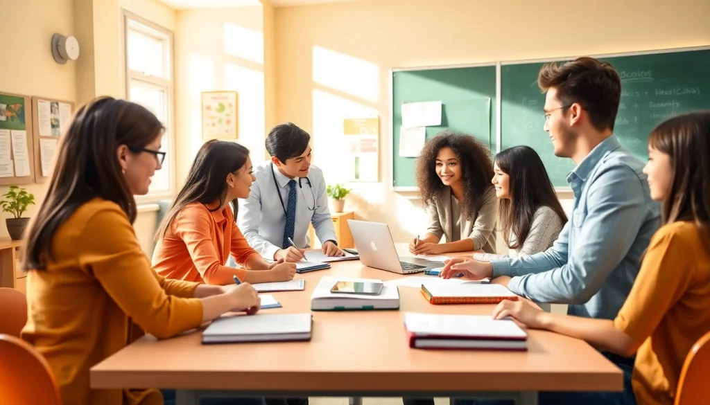 Engaging exam assistance in a bright classroom with diverse students collaborating.