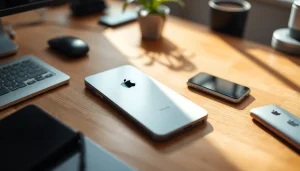 Apple smartphone showcased elegantly on a wooden desk among tech gadgets.