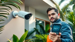 Instalación de cámaras de seguridad que demuestra tecnología avanzada en una casa tropical de Guanacaste.