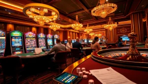 Exciting casino scene with gamblers enjoying games at https://jun88pl.com/ showcasing vibrant tables and thrilling gameplay.