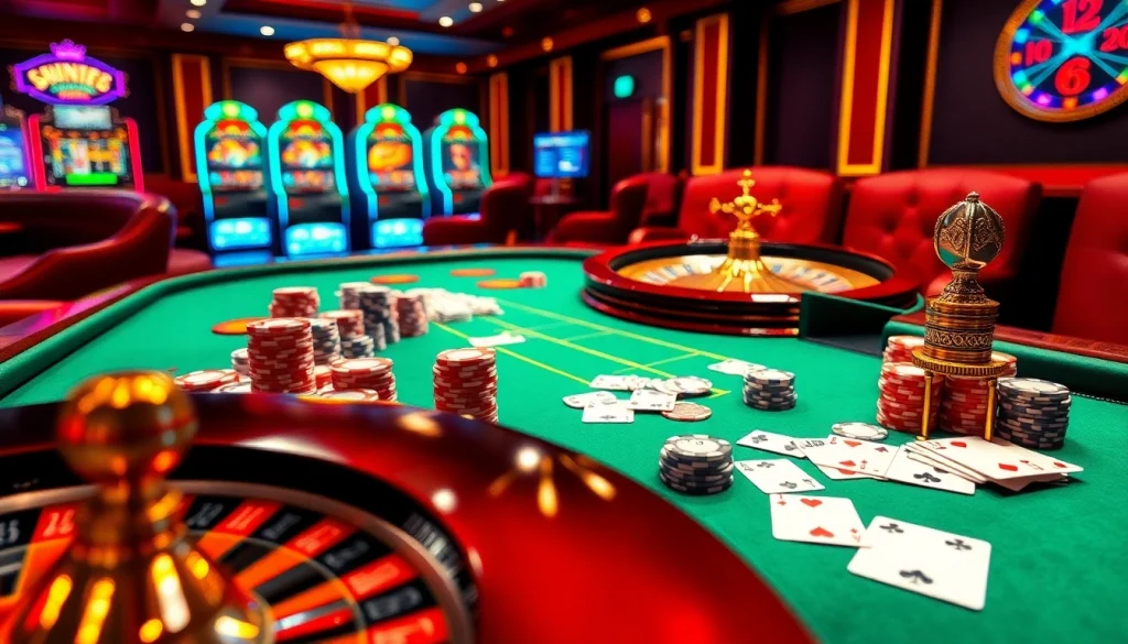 Une scène vibrante de casino en ligne mettant en vedette des jetons de poker à mises élevées, des cartes à jouer et une roulette en action.