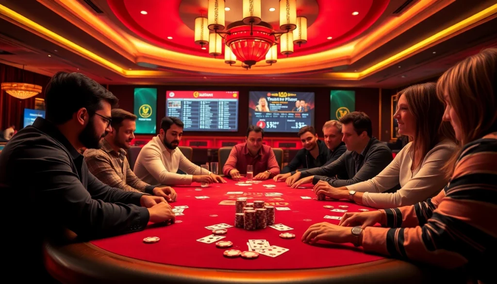 Engage in idn poker at a vibrant casino table with illuminated chips and diverse players.