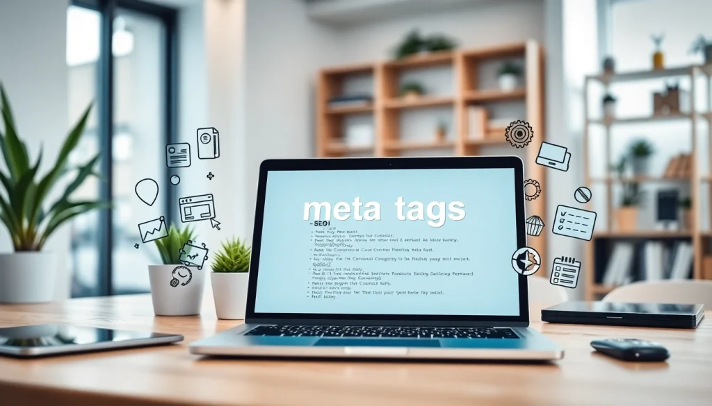 View of meta tags for SEO optimization displayed on a laptop screen in a modern office.
