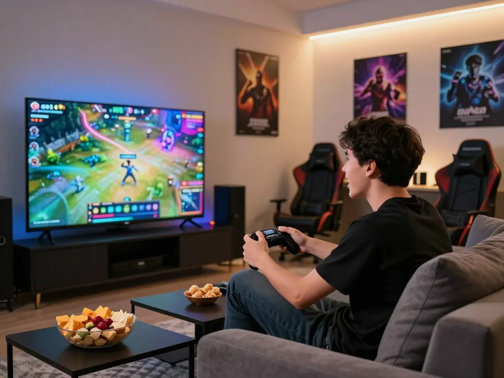 Exciting gaming scene featuring a player enjoying go88 on a large screen in a cozy modern living room.