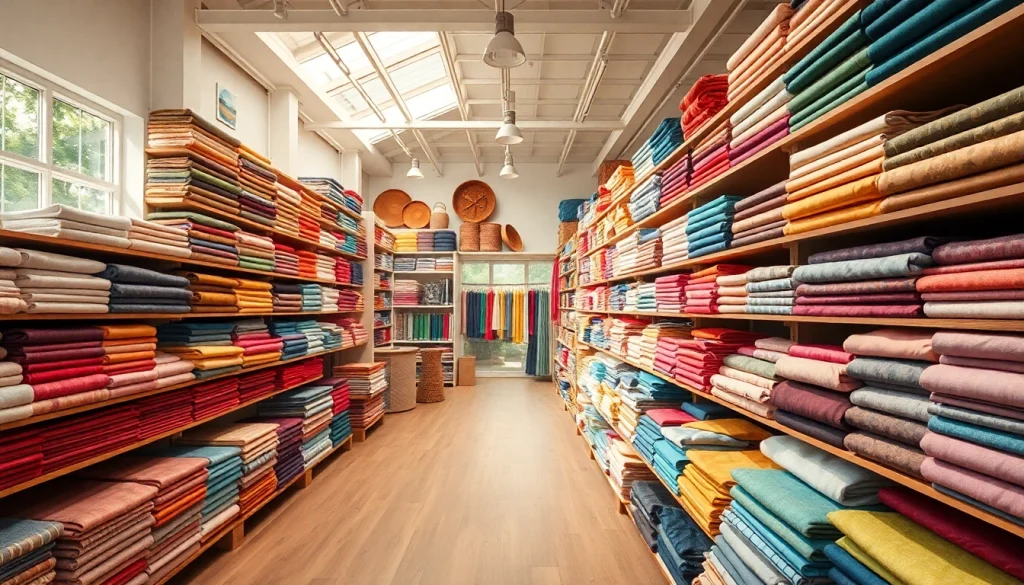 Katoen stoffen assortiment in een gezellige textielwinkel met kleurrijke stoffen.