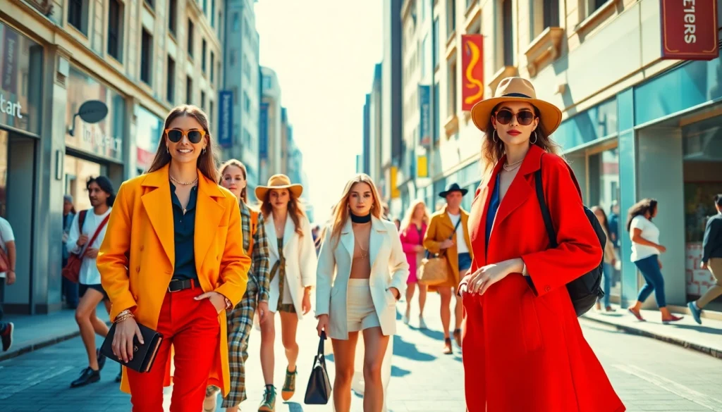 Fashion and Apparel trends highlighted by diverse individuals in a vibrant street scene.