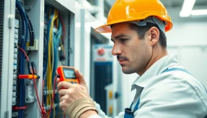 Electrician conducting electrical maintenance, inspecting panels and tools in a professional setting.