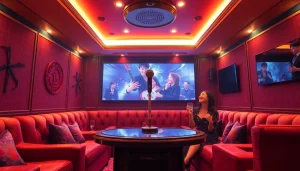 화려한 장식과 활기찬 분위기를 자랑하는 고급 노래방에서 친구들과 함께 제주도유흥을 즐기는 모습.