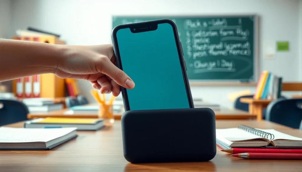 Handytasche Klassenzimmer präsentiert in einem Klassenzimmer mit Schulmaterialien.