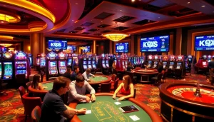 Exciting gaming action at a luxurious casino showcasing kqsx lottery results and vibrant slot machines.