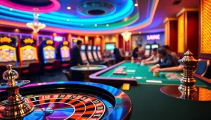 Scène excitante de casino en ligne avec une roulette vibrante, des machines à sous et des joueurs engagés.