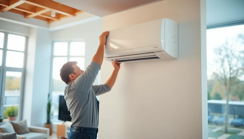 Technician conducting a ductless mini-split installation in a bright living room.
