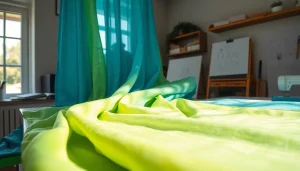 Linnen stof voor jurken prachtig gepresenteerd in een naaiatelier vol creativiteit.