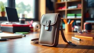 Handy Tasche abschließbar mit sicherer Verschlussoption auf einem Holzschreibtisch.