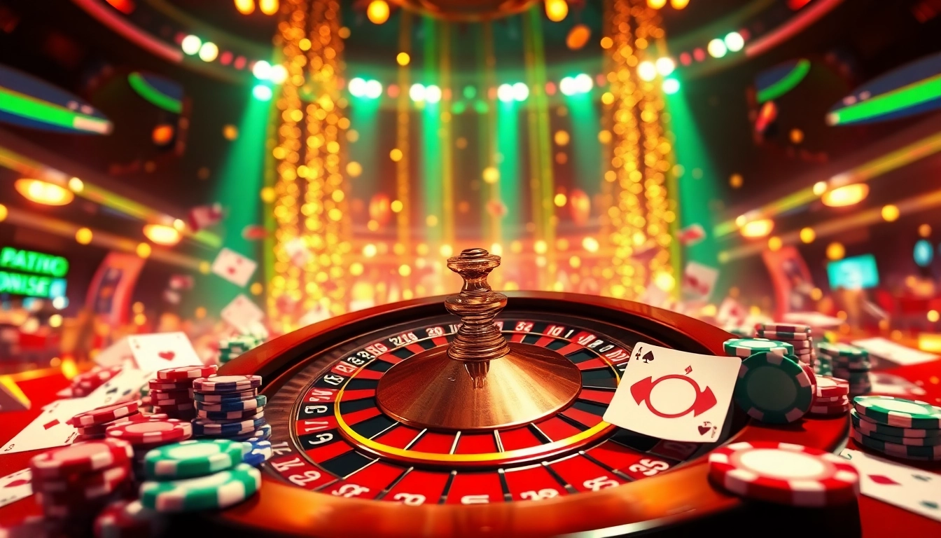 Exciting scene of casino bonuses with roulette wheel, poker chips, and glowing lights.