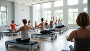 ウェルネスに取り組む多様な参加者が写る、おすすめのピラティススタジオの様子。