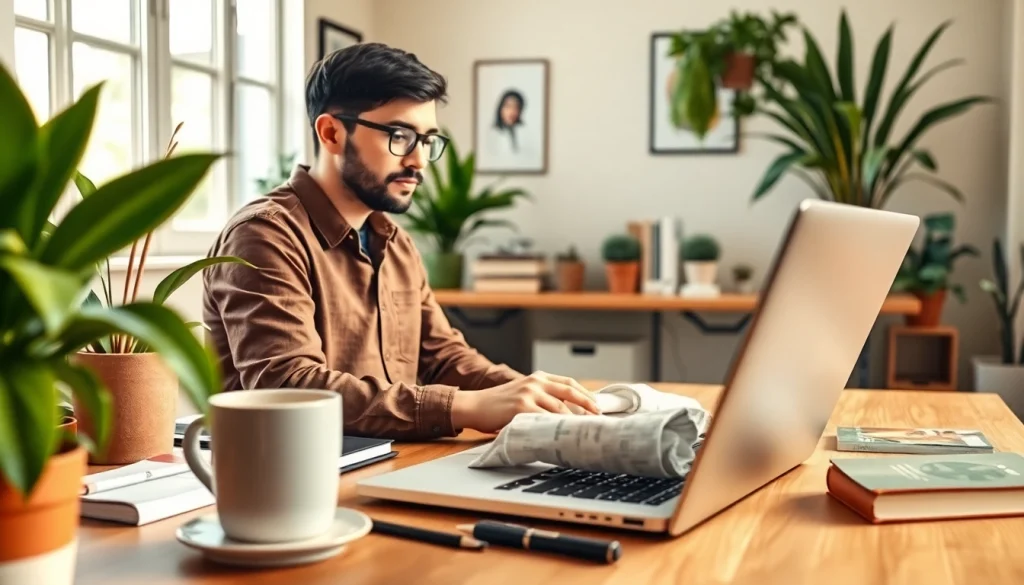 A developer engaging in remote python jobs at a beautifully organized workspace with a laptop and plants.