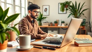 A developer engaging in remote python jobs at a beautifully organized workspace with a laptop and plants.