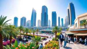 Experience the vibrant urban scene of Citylife Dubai with bustling crowds and iconic architecture.