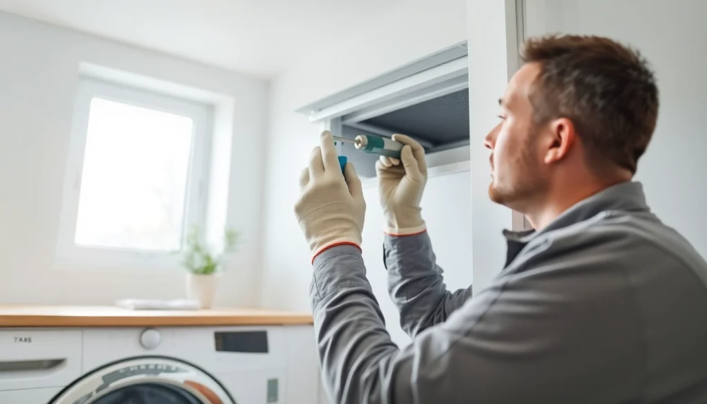 Expert technician performing Dryer Vent Repair in a clean, modern home setting.