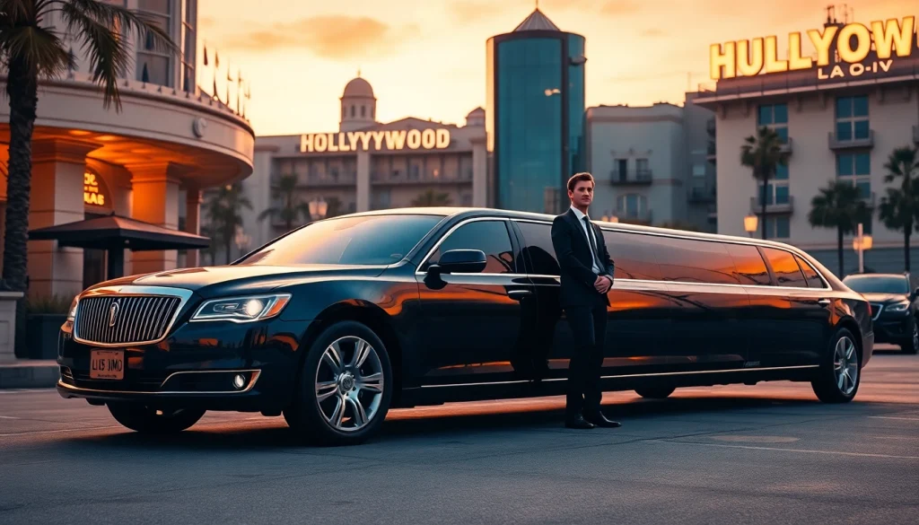 Experience the elegance of an LA Limo parked near iconic Hollywood landmarks during sunset.