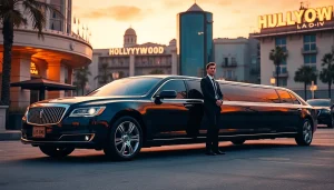 Experience the elegance of an LA Limo parked near iconic Hollywood landmarks during sunset.
