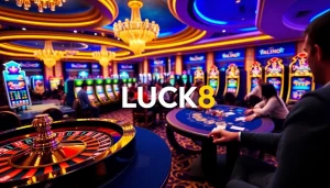 LUCK8 casino players celebrating victory at a vibrant, upscale gaming floor with roulette and slots.