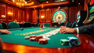 Participez à l'excitation des enjeux élevés à une table de poker de casino en ligne avec des jetons et des cartes colorés.