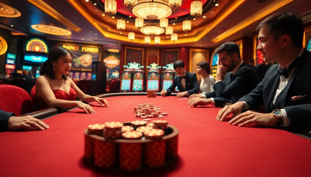 Experience high-stakes gaming at NK88 with poker, roulette, and luxurious casino atmosphere.