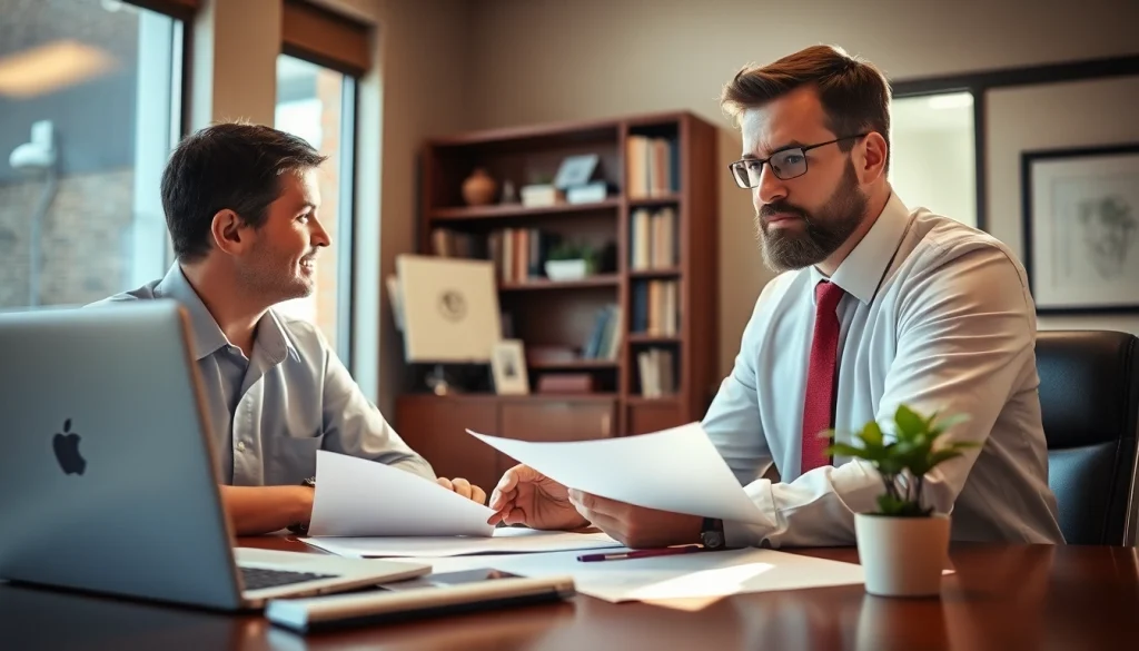 Grand Junction Personal Injury Lawyer meeting with client in a professional office setting.