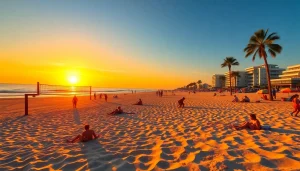 Experience the sunny beach life at https://myrtlebeachsc.com/, showcasing vibrant sunset views and joyful beachgoers.