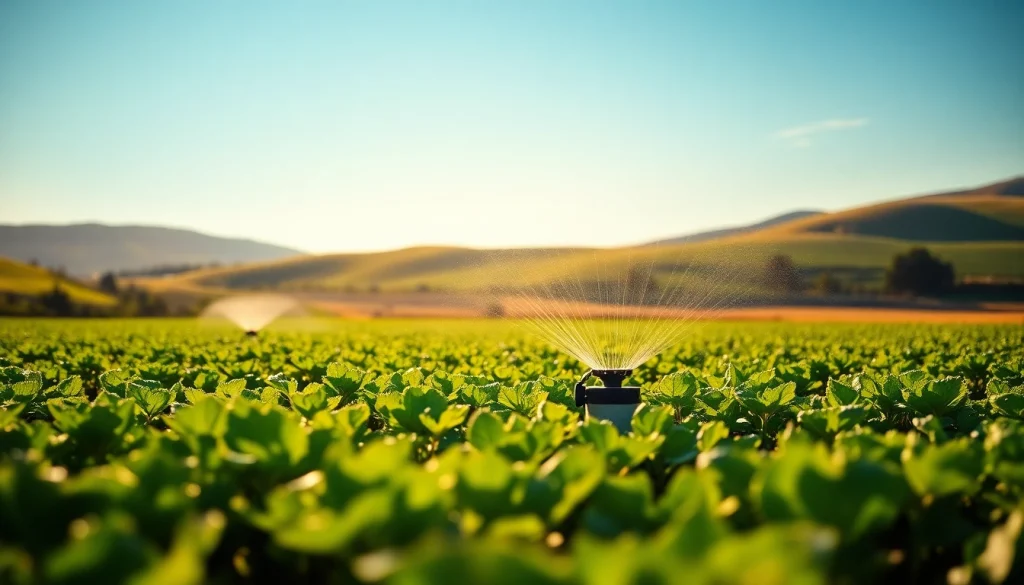 Land irrigation system with vibrant crops and advanced sprinklers under golden light.