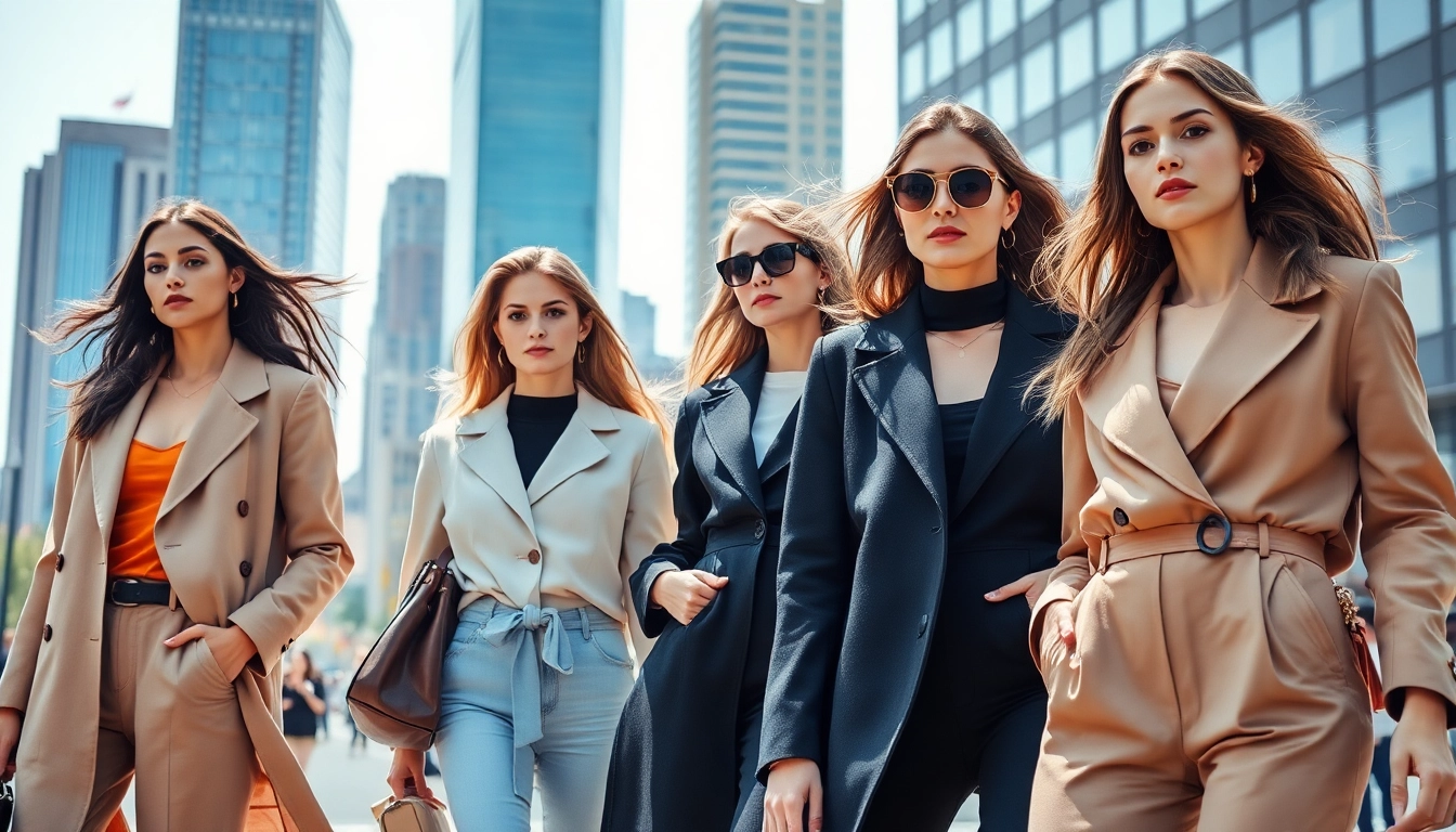 Showcasing diverse styles in women fashion with urban backdrop and vibrant outfits.