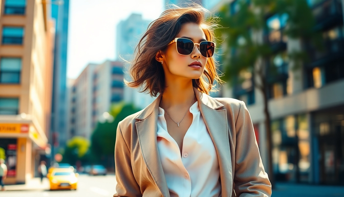 Fashion model showcasing urban style in a vibrant city environment.