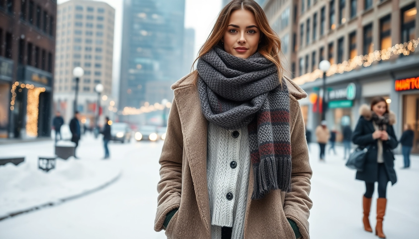 Showcasing stylish winter fashion outfits with cozy layers and urban backdrop.