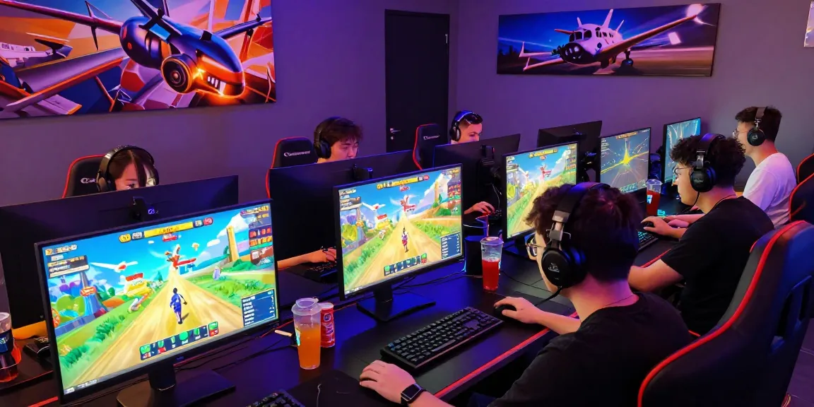 Aviator 1xbet players engaged in an exciting crash game session, showcasing vibrant gaming setup and high-energy atmosphere.